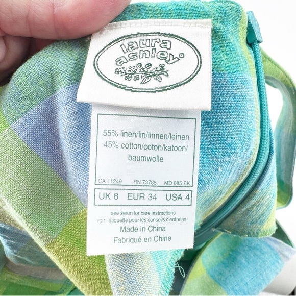 ✅ VINTAGE LAURA ASLEY GREEN/BLUE Plaid LINEN Sleeveless DRESS SIZE 4 - Picture 2 of 7